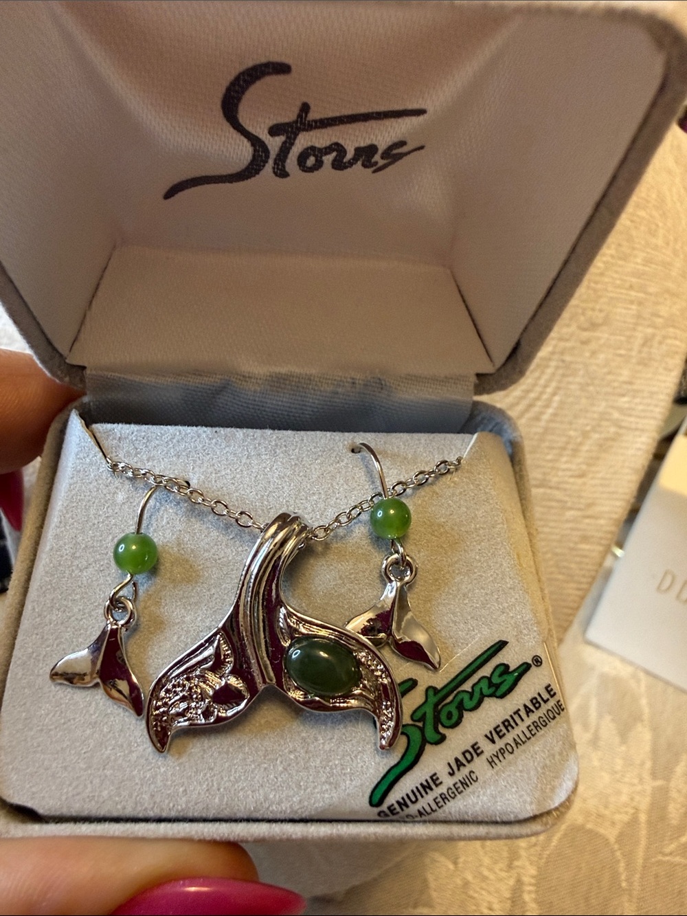 Silver tone Whale Tail Necklace with Green Jade Accents